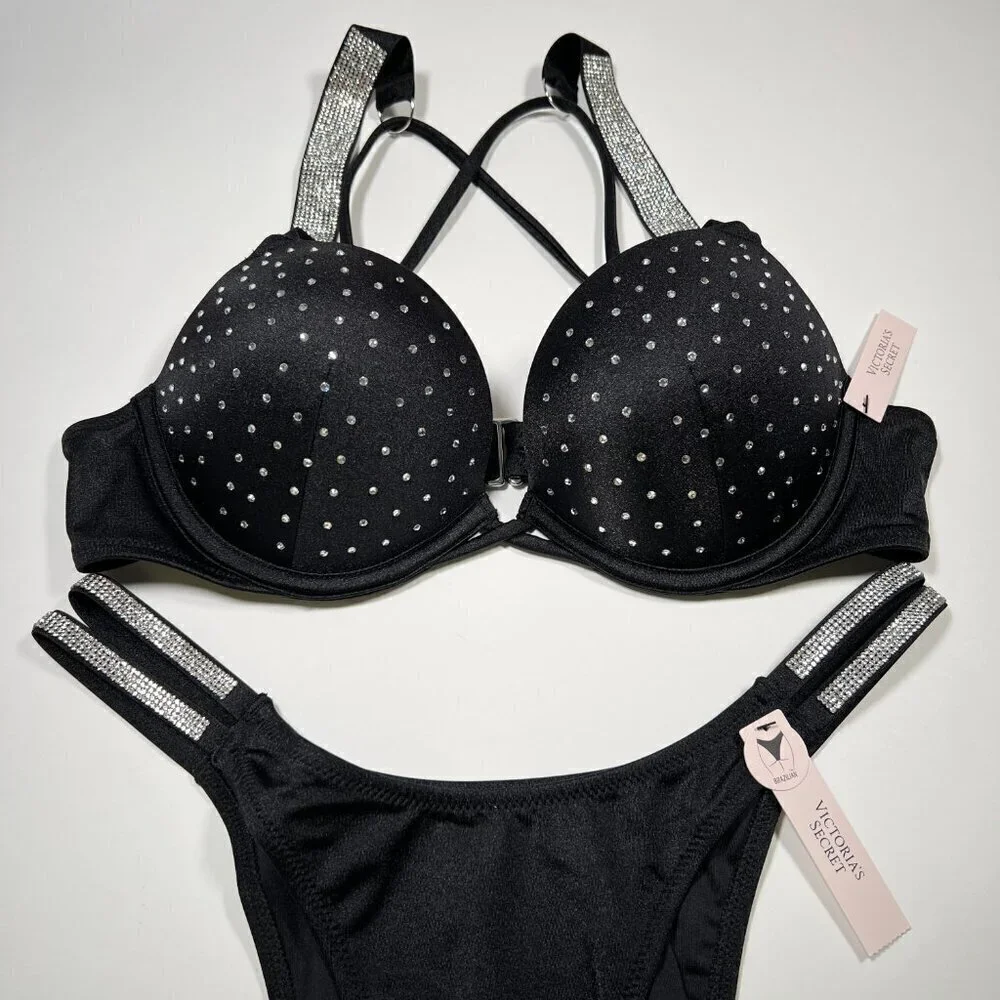 Victoria Secret 34A S Bombshell Push Up Bikini Top Set Glam Shine Strap Black